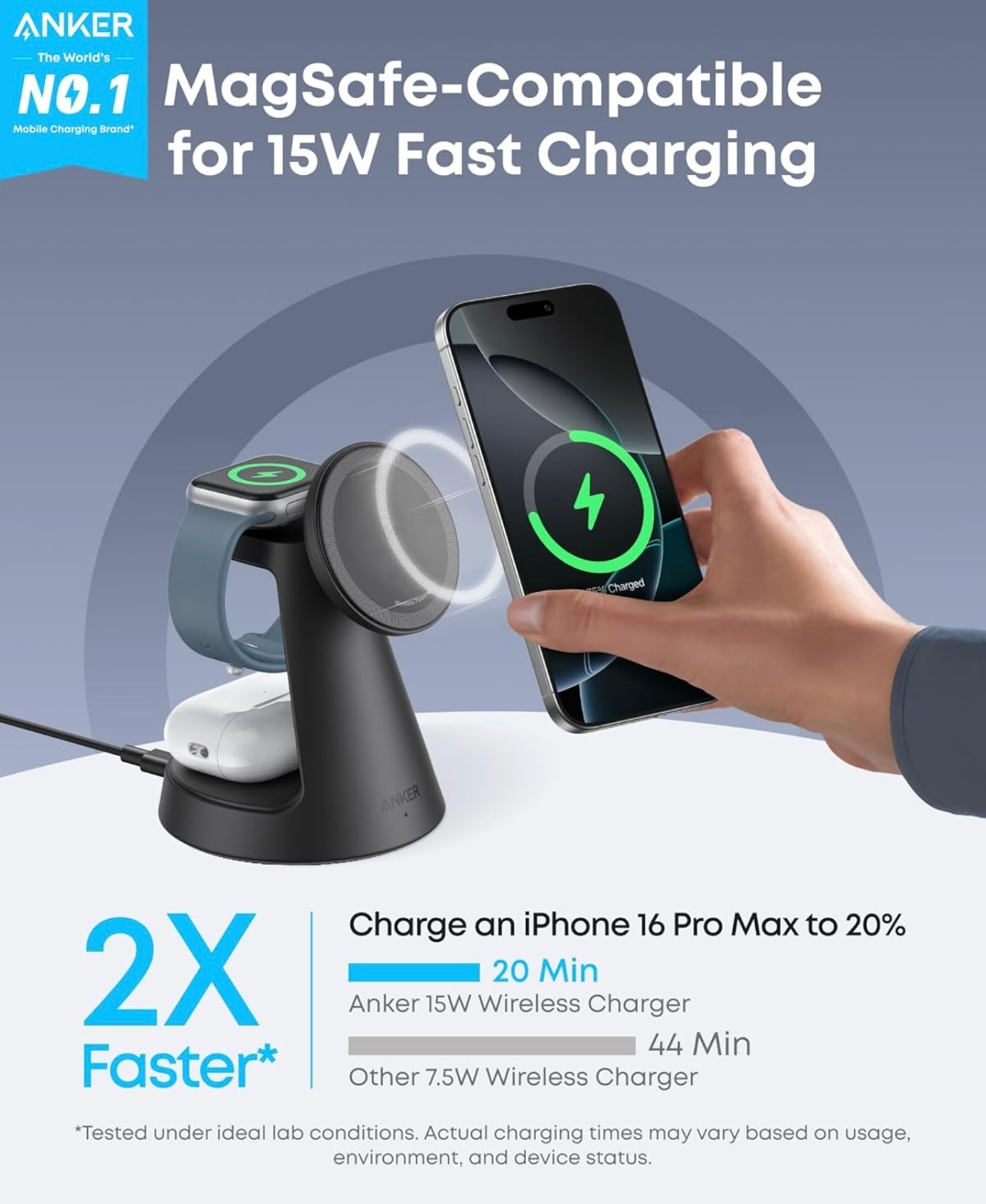 Anker MagSafe Charger Compatible, MagGo 3-in-1 Charging Station, Qi2 Certified - (Adapter Included)