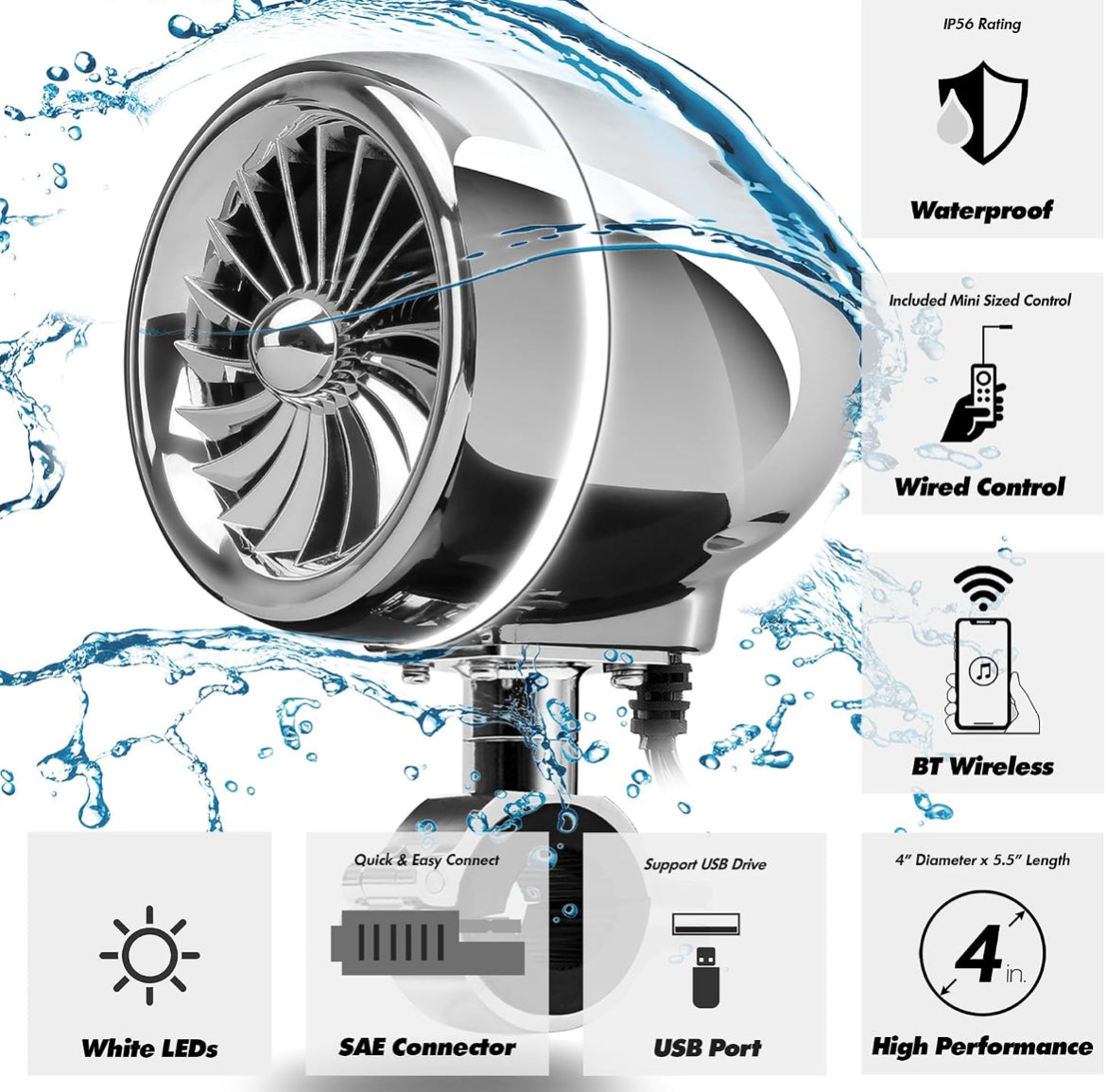 4 Inch Motorcycle Bluetooth Speakers Waterproof Radio Audio System
300W Speakers, LED Ring, Built-in Amplifier, USB/AUX,Wired Control, Great for Harley, ATV, scooters 4-Wheeler
