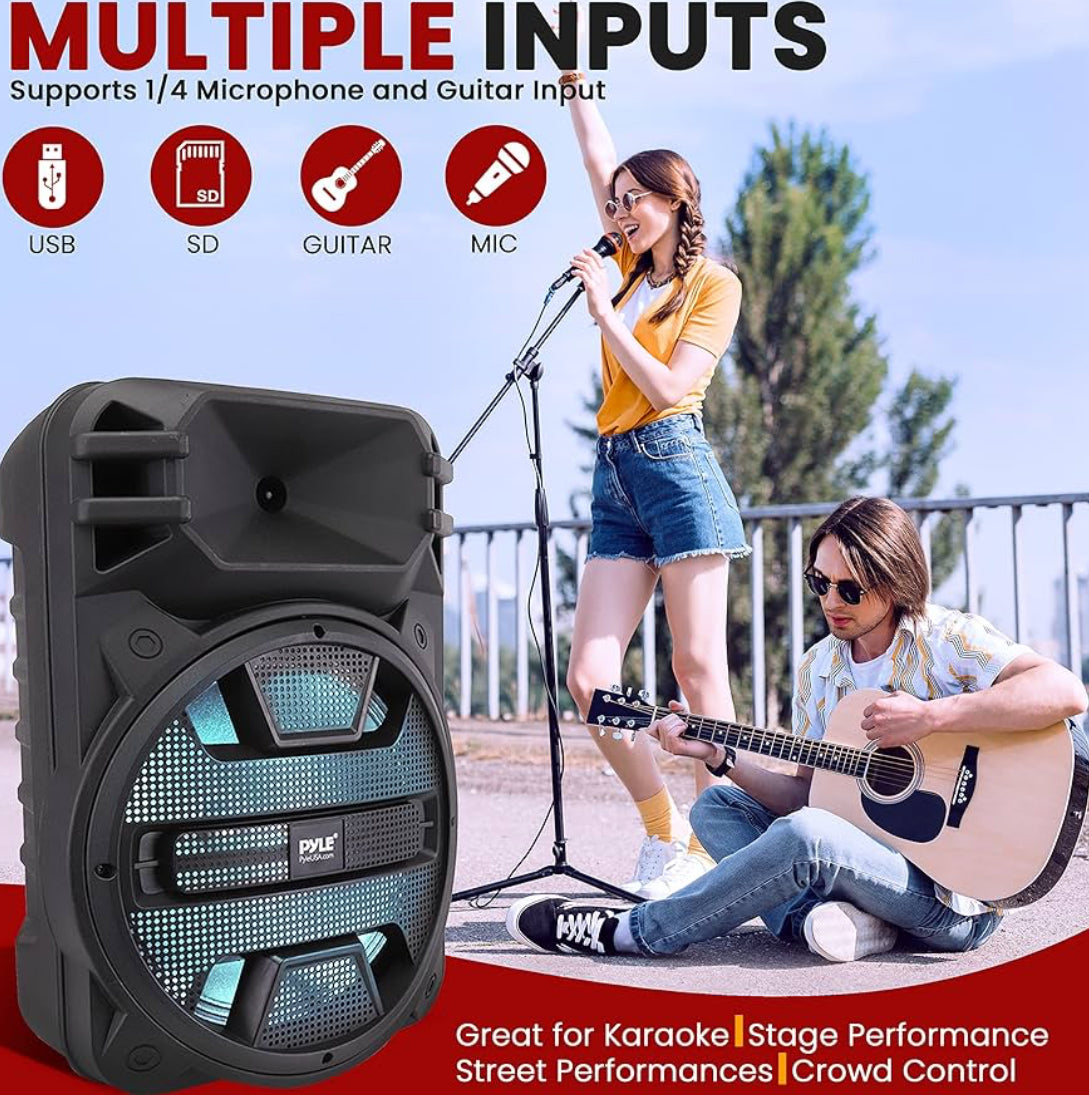 Portable Bluetooth Speaker System  12'' 800 Watts w/ Latest DJ LED Lights, USB/FM/BT/Aux/Remote Control/Mic Inputs & Built-in Rechargeable Battery