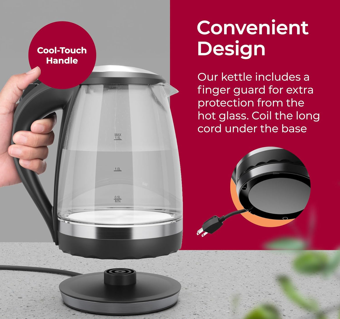 Glas Ketel 1.5L 1500W LED Lig Elektriese Teeketel Outomatiese Afskakeling met SpeedBoil Tegnologie en Droogkookbeskerming