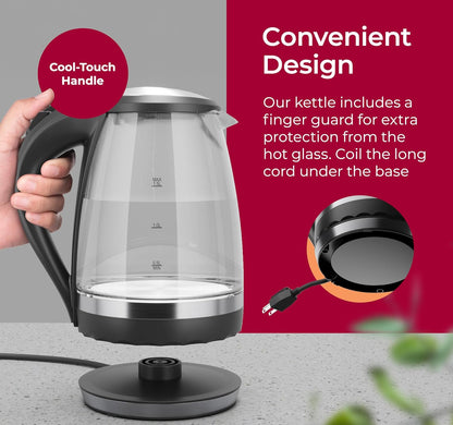 Glas Ketel 1.5L 1500W LED Lig Elektriese Teeketel Outomatiese Afskakeling met SpeedBoil Tegnologie en Droogkookbeskerming