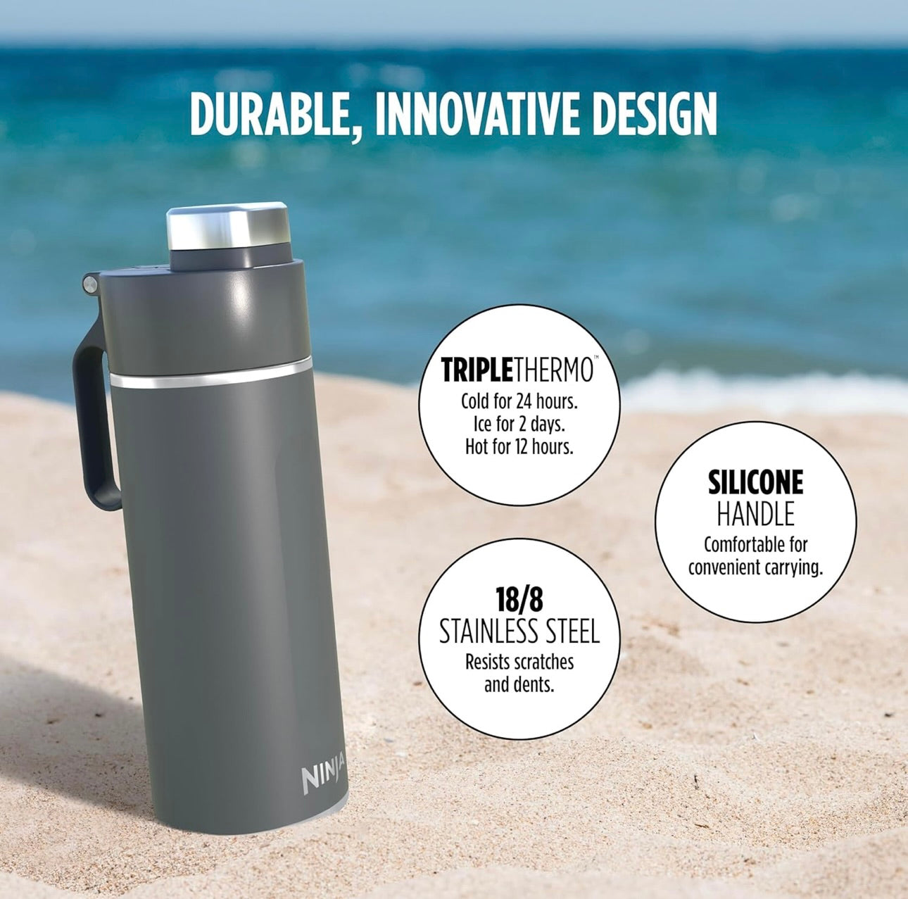 Ninja DW2401GY Thirsti 24oz Reishouervol Lekvry, 24 Ure Koud, Skottelgoedwasser Veilig, Vlekvrye Staal Geïsoleerde Tuimelaar - Houtskoolgrys