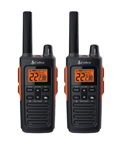 Cobra RX680 Walkie Talkies (2-pak) - Stewige en spatvaste tweeradio’s met lang reikafstand, IP54 Waterbestande ontwerp, 60 Vooraf-geprogrammeerbare kanale, Weerwaarskuwings, Ingeslote laaidok (Swart/Oranje)