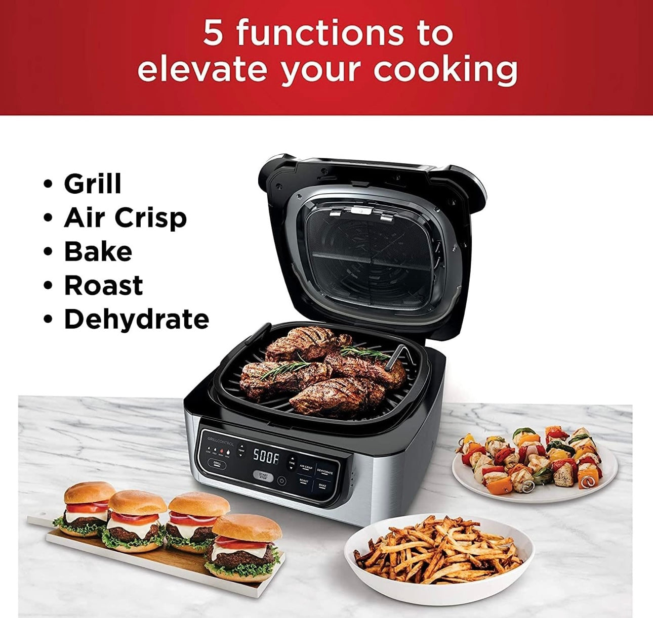 Ninja AG301 Foodi 5-in-1 Binne Elektriese Braaier met Lugbraai, Rooster, Bak & Dehidreer - Programmeerbaar - Swart/Silwer