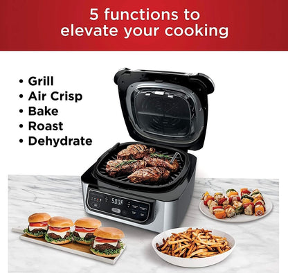 Ninja AG301 Foodi 5-in-1 Binne Elektriese Braaier met Lugbraai, Rooster, Bak & Dehidreer - Programmeerbaar - Swart/Silwer