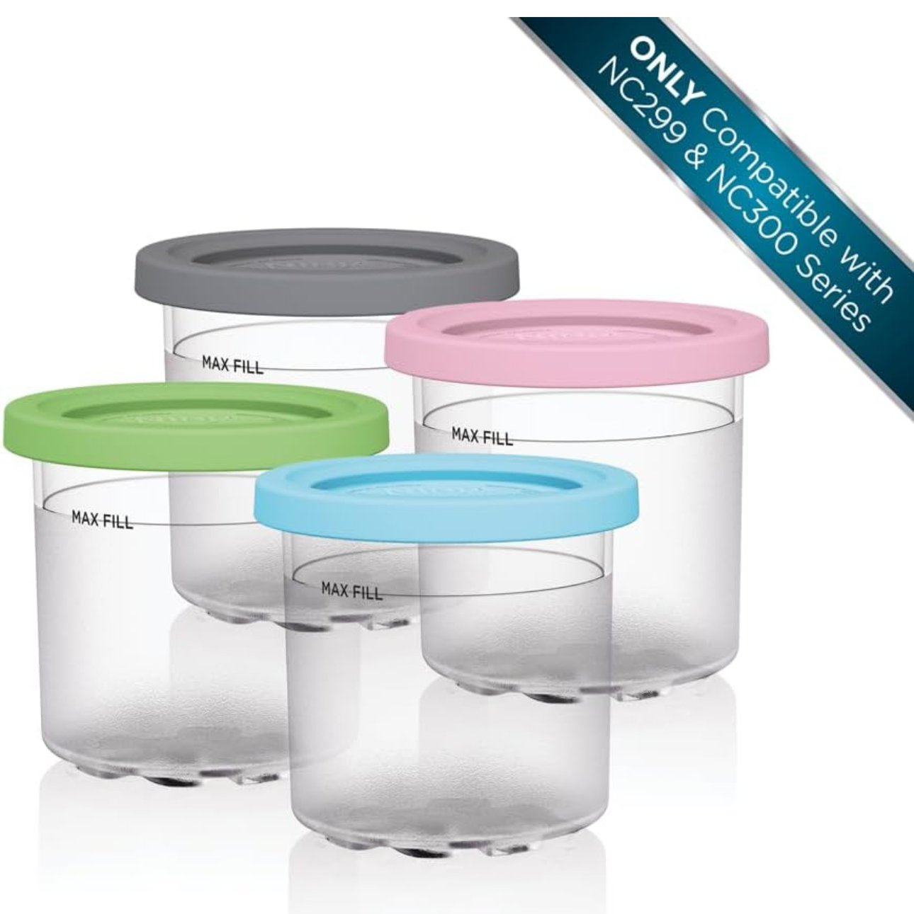 Ninja Creami Pints 4-pak, versoenbaar met NC299AMZ & NC300s Reeks Creami-roomysmakers, egte Ninja Pint, BPA-vry en skottelgoedwasser-veilig, kleurdeksels, deurskynend/grys/lemmetjie/pienk/aqua, XSKPLD4BCD