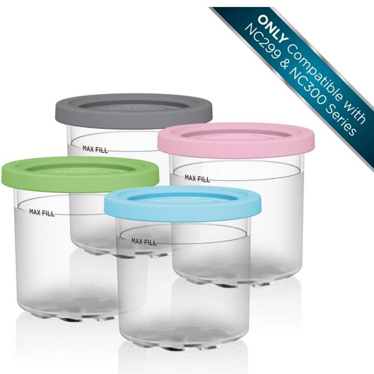 Ninja Creami Pints 4-pak, versoenbaar met NC299AMZ & NC300s Reeks Creami-roomysmakers, egte Ninja Pint, BPA-vry en skottelgoedwasser-veilig, kleurdeksels, deurskynend/grys/lemmetjie/pienk/aqua, XSKPLD4BCD