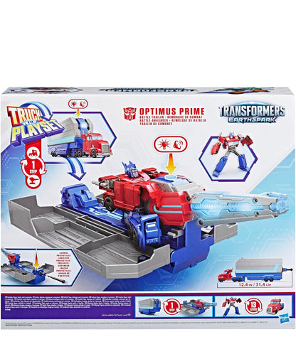 TRANSFORMERS EarthSpark Optimus Prime Battle Trailer Playset with Action Figure, Lights and Sounds, Electronic Truck Toys for Kids 6 and Up