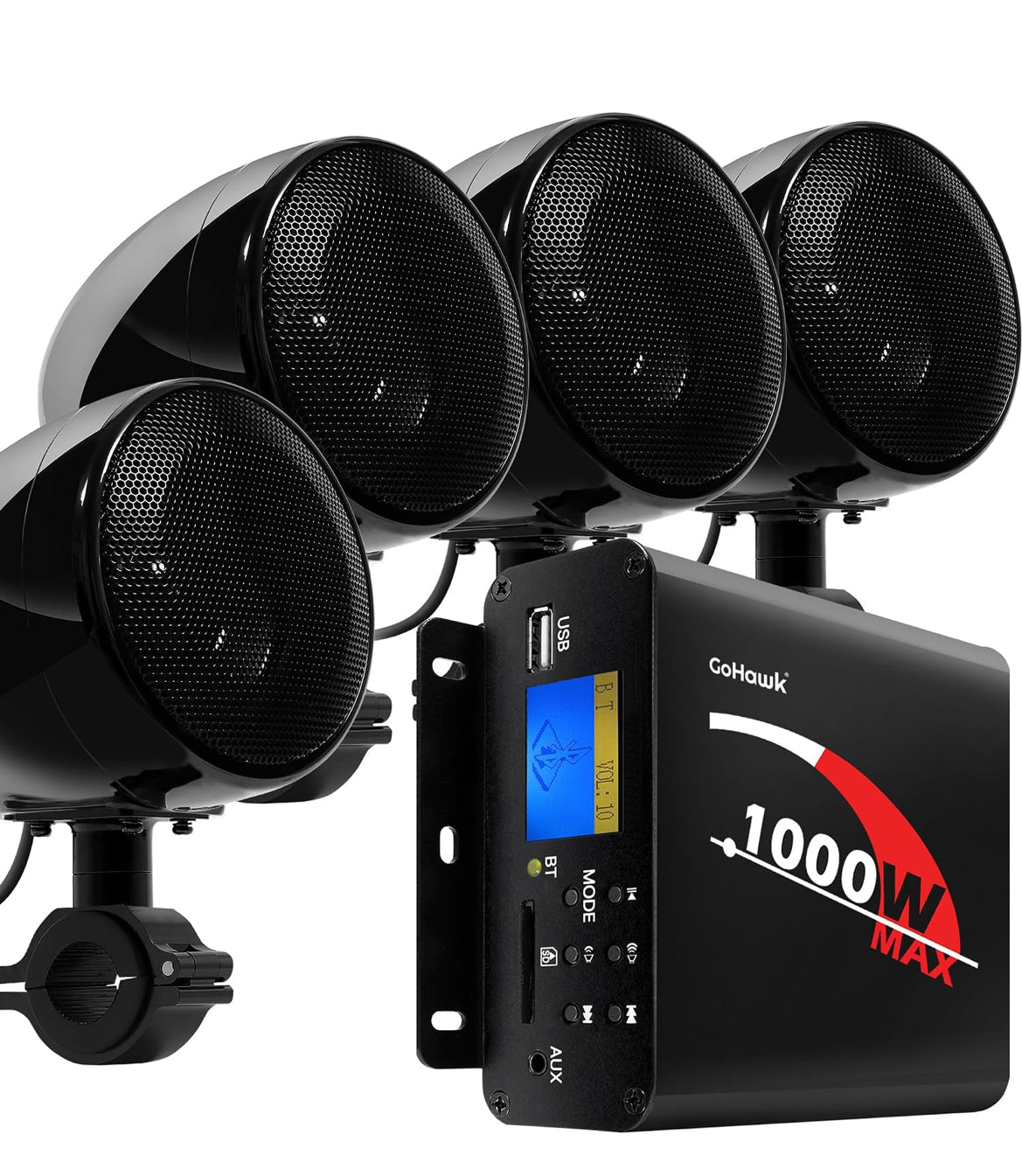 Motorcycle Speakers Bluetooth 4 Inch Waterproof Radio Audio System
1000W Amplifier, Remote Control, AUX USB SD FM Radio, Fits 7/8"–1-1/4" bar for ATVs/Motorcycles, 12 Volt Vehicles