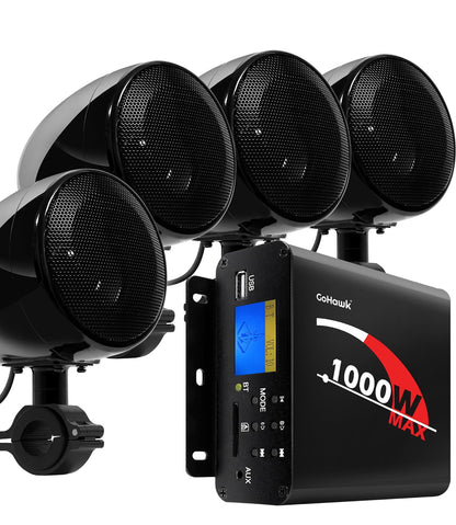 Motorcycle Speakers Bluetooth 4 Inch Waterproof Radio Audio System
1000W Amplifier, Remote Control, AUX USB SD FM Radio, Fits 7/8"–1-1/4" bar for ATVs/Motorcycles, 12 Volt Vehicles