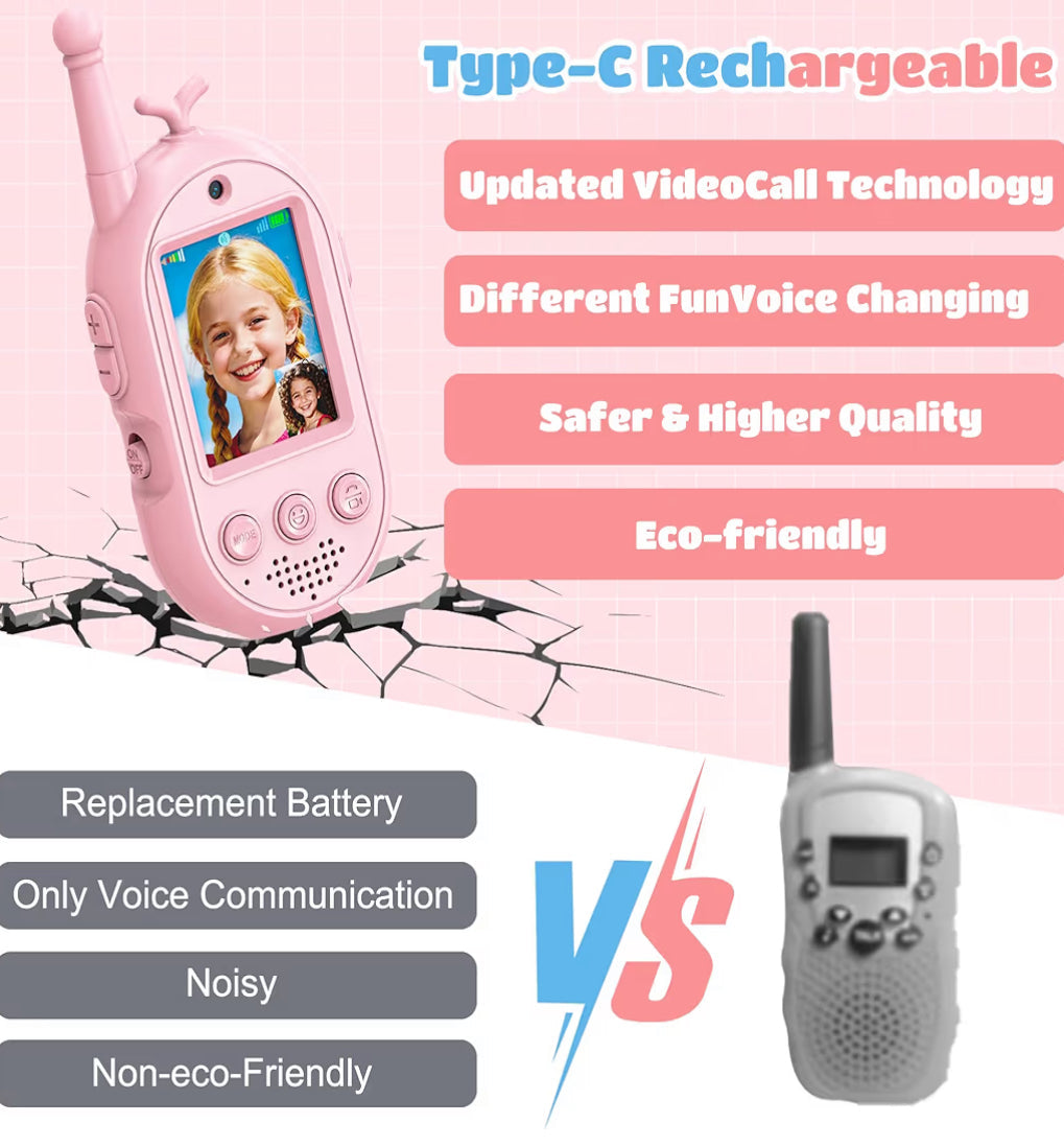 Walkie Talkies vir Kinders Herlaaibaar Langafstand 2-rigtingradio's vir Buitelugavontuur - (Pienk Blou Ontwerp)