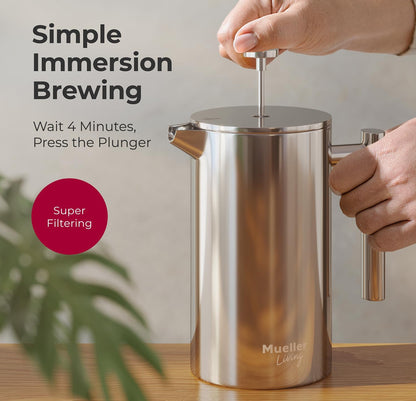 Druk-Koffiemaker 1L, Vlekvrye Staal, 4 Filters Hittebestande Dubbel Geïsoleerd, Roesvry, Voedselgraad, Skottelgoedwasser Veilig