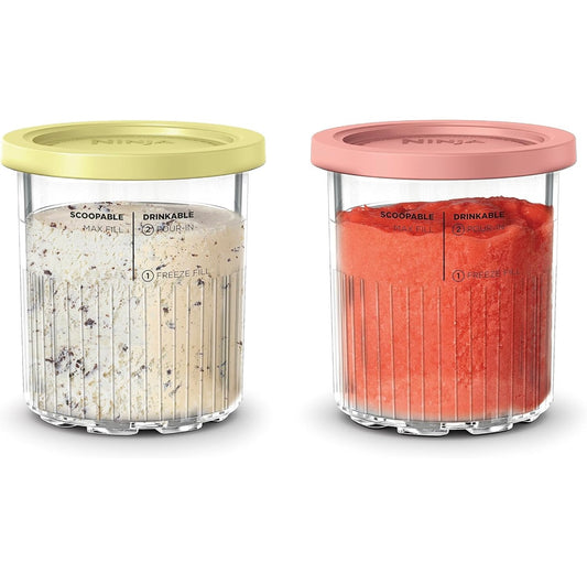 Ninja Creami Deluxe Pinte 2 Pak, Versoenbaar met NC500 Reeks Creami Deluxe Roomysmakers, Oorspronklike Ninja Pint, BPA-vry & Skottelgoedwasser Veilig, Gekleurde Deksel, 1 Pint Elk, Deursigtig/Koraal/Geel, XSKPNTLD2