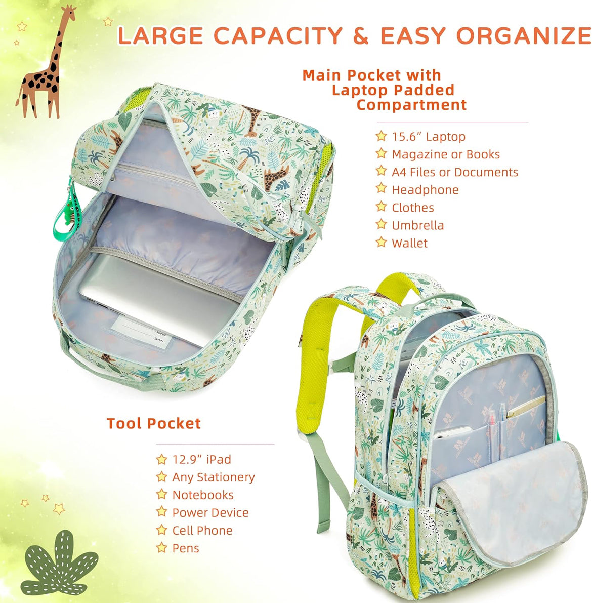 Kids Backpack for School Boys Girls Lightweight Kindergarten Elementary Toddler Backpacks Preschool Bookbags Cute Cartoon Travel Daypack with Chest Strap (L,Green)