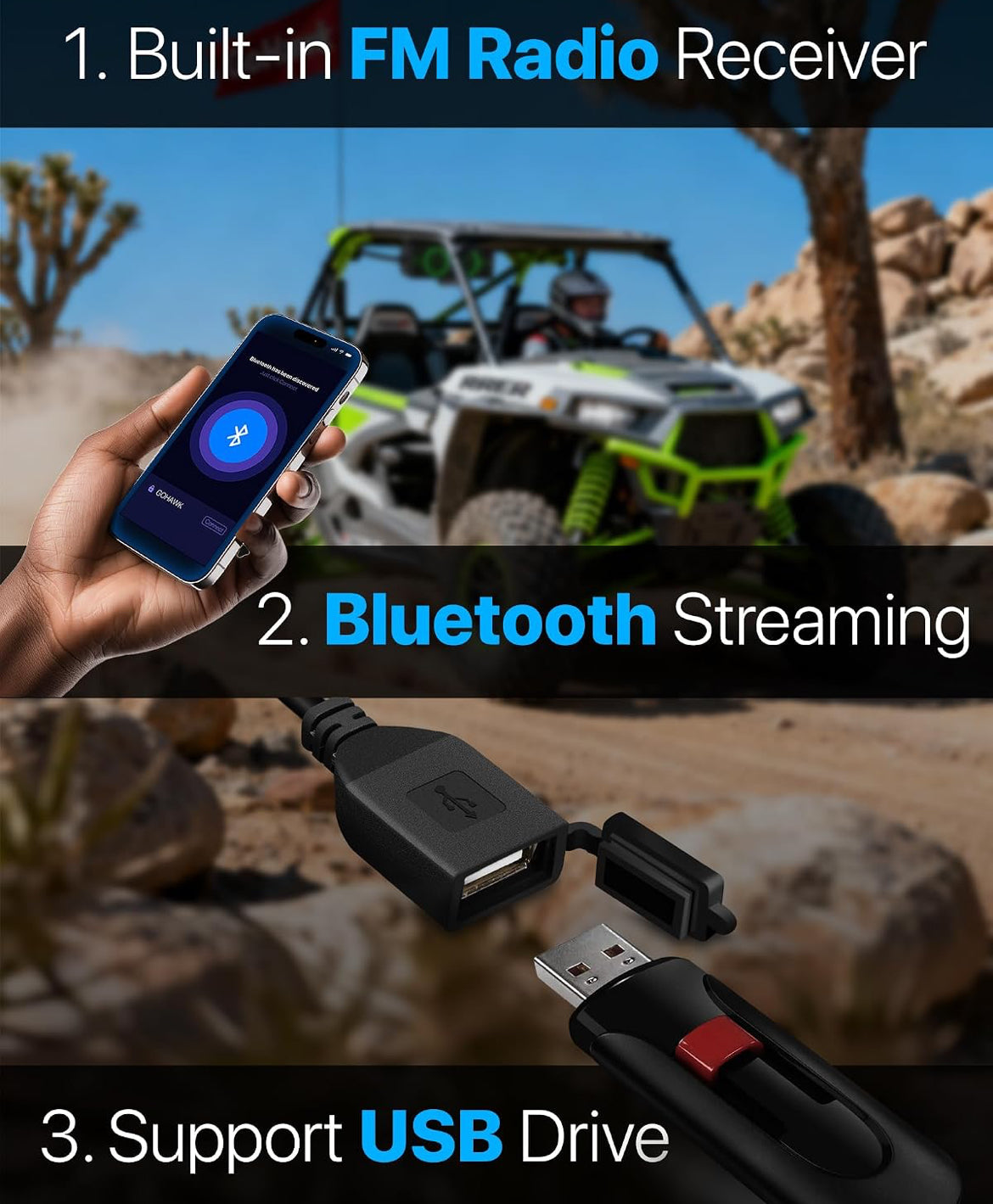 15" UTV Sound Bar w/ Bluetooth, IP66 Waterproof ATV Soundbar 300W Peak Power, Sync Mode, FM Radio/USB/AUX, Detachable Remote