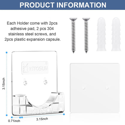 Adhesive Shower Curtain Rod Holder – Kitosun Wall Mount Bathroom Tension Pole Retainer Brackets with Sticky Tape for Quick Stick on and Stainless Steel Screws for Drilling Installation (Transparent)