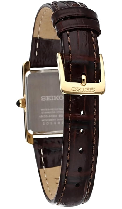 SEIKO Essentials Horlosie Waterbestand met Vlekvrye Staal Reghoekige Kas en Leerband - SJAMPANJE