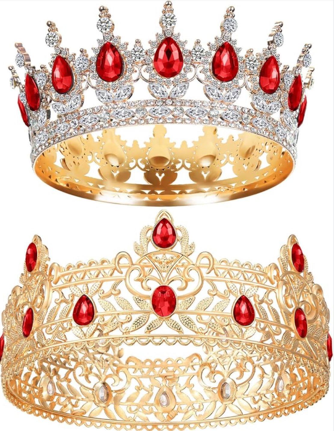 2 Stuks Prom Koning en Koningin Krone vir Mans Vroue Koning Koningin Krone Tiara met Strass vir Trou Verjaarsdag Gradeplegtigheid (Rooi Goud, Rooi Styl)