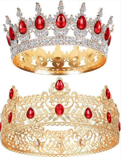 2 Stuks Prom Koning en Koningin Krone vir Mans Vroue Koning Koningin Krone Tiara met Strass vir Trou Verjaarsdag Gradeplegtigheid (Rooi Goud, Rooi Styl)