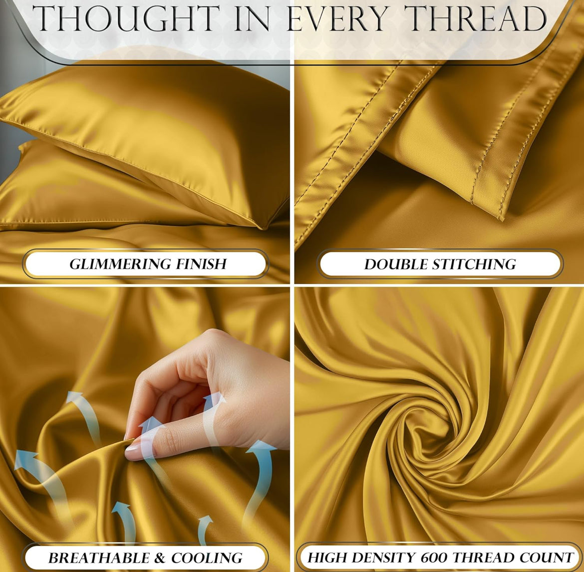 DECOLURE Satin Bed Sheets - 4 Piece Luxury Silky Queen Size Bedding Set - Softer Than Silk, Wrinkle-Free with 15” Deep Pocket Fitted Sheet, Perfect for Hair & Skin, Gifts for Women (Gold)