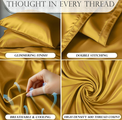 DECOLURE Satin Bed Sheets - 4 Piece Luxury Silky Queen Size Bedding Set - Softer Than Silk, Wrinkle-Free with 15” Deep Pocket Fitted Sheet, Perfect for Hair & Skin, Gifts for Women (Gold)