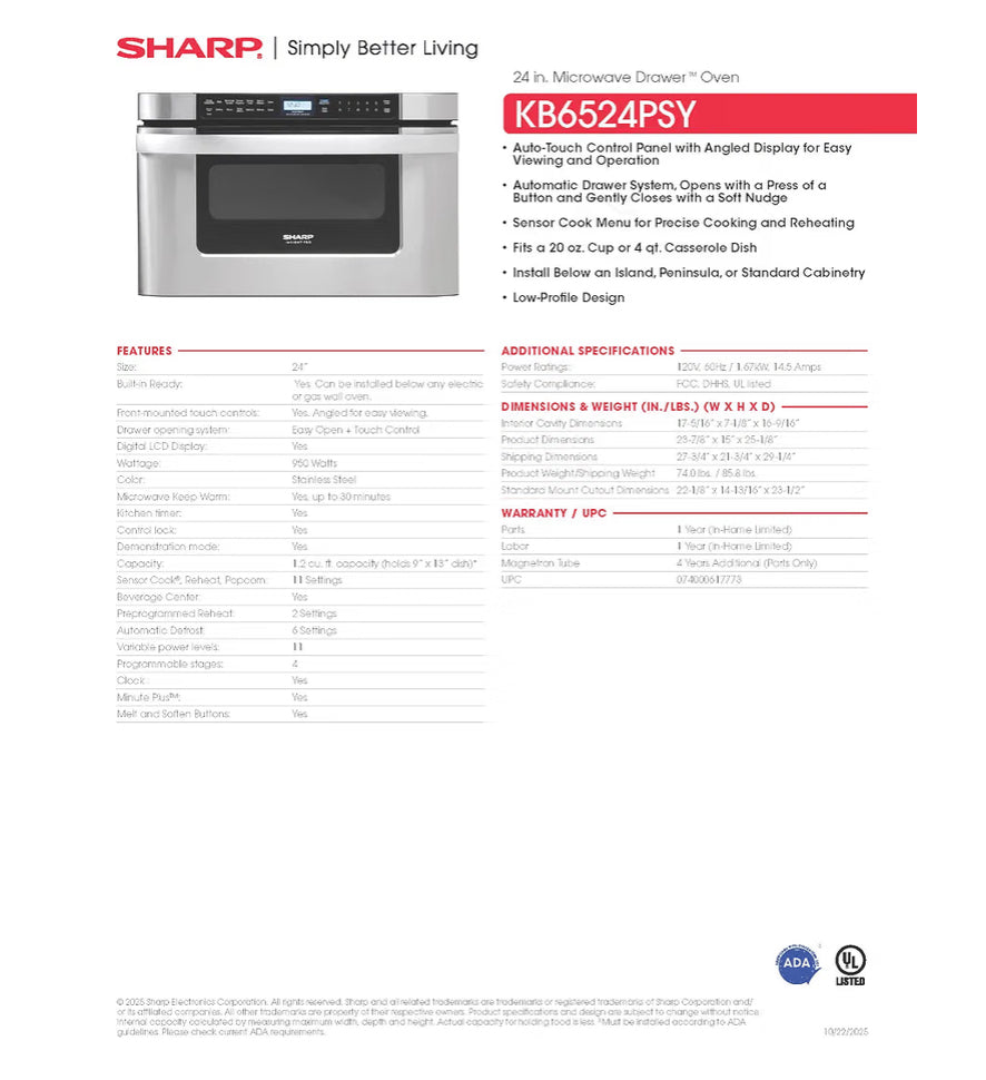 Sharp KB6524PSY 24 in. 1.2 cu. ft. Built-In Microwave Drawer Oven
1.2 Cubic Feet, 950 Watt, Angled Touch Control Panel