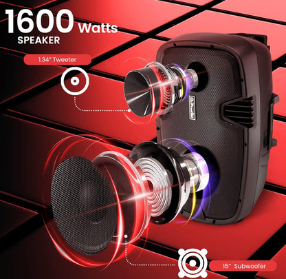 Draagbare 15" 1600 Watt Bluetooth PA-luidspreker - Binne- / buiteklankstelsel met (2) UHF Draadlose Mikrofone, Herlaaibare Battery, Oudio-opname, USB/SD-lesers, FM-radio