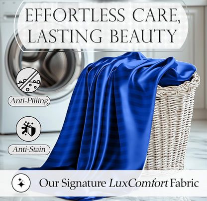 DECOLURE Satin Bed Sheets - 4 Piece Luxury Silky Queen Size Bedding Set - Softer Than Silk, Wrinkle-Free with 15” Deep Pocket Fitted Sheet, Perfect for Hair & Skin, Gifts for Women (Striped Blue)