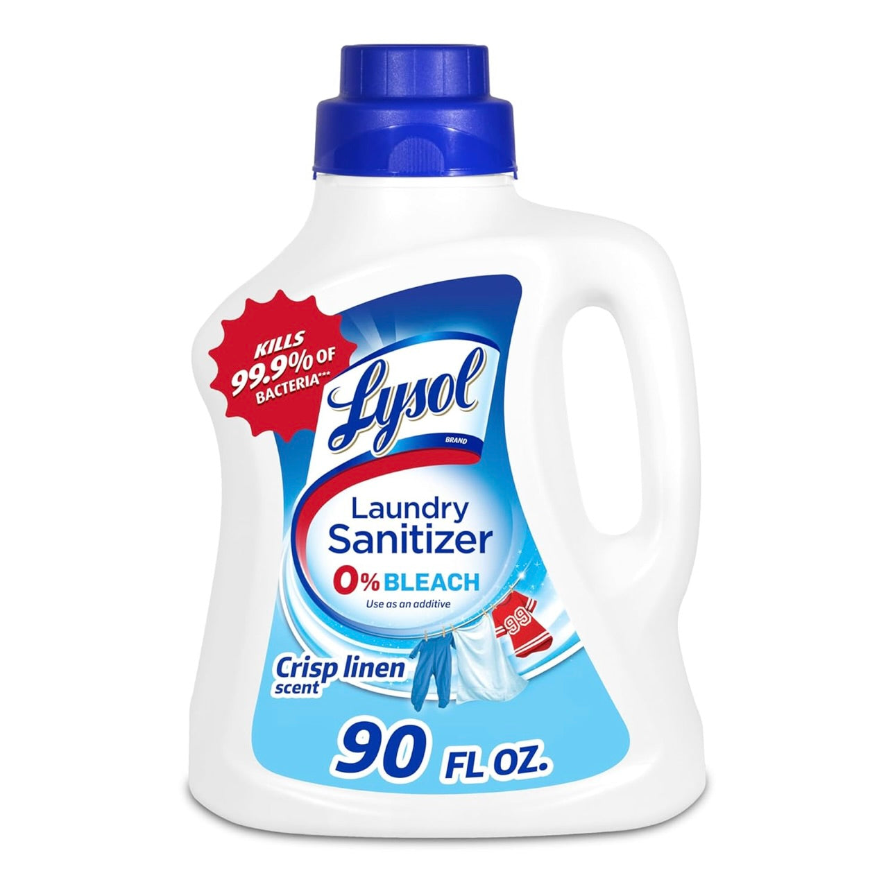 Lysol Ontsmettende Wasgoedontsmetter & Geurversterker, Wasgoedwasmiddelbymiddel, Kleurveilige Bleikmiddelalternatief, Wasgoedreukverwyderaar, Dood Bakterieë & Virusse, Crisp Linen Geur, 90 Fl Oz