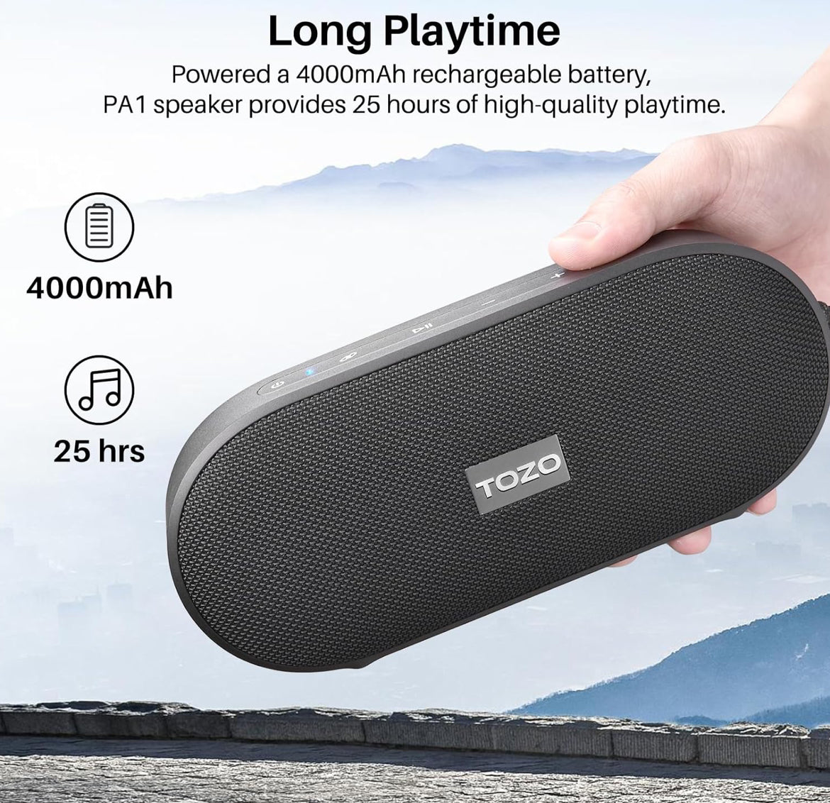 PA1 Bluetooth Portable Speaker Built-in Microphone Stereo Sound, 25H Playtime, IPX7 Waterproof - Black