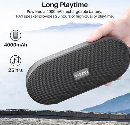 PA1 Bluetooth Portable Speaker Built-in Microphone Stereo Sound, 25H Playtime, IPX7 Waterproof - Black
