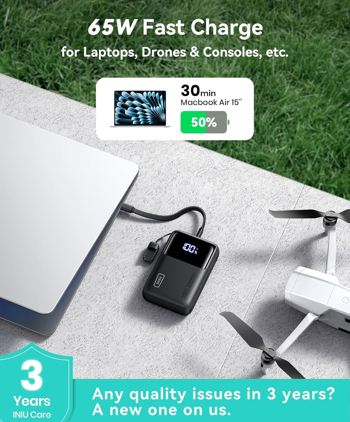 INIU Kragbank, 20000mAh 65W Ultra-Kompakte USB C Skootrekenaar Draagbare Laaier, PD QC Vinnige Laai 3-Uitset Eksterne Battery Pak vir Skootrekenaar MacBook iPad Tablet Steam Deck iPhone 16 15 14 Pro Samsung S22