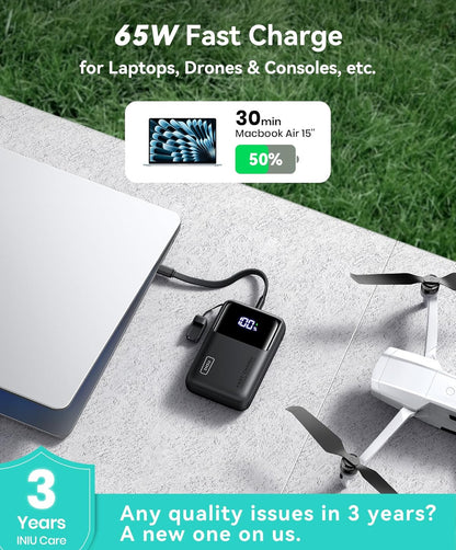 INIU Kragbank, 20000mAh 65W Ultra-Kompakte USB C Skootrekenaar Draagbare Laaier, PD QC Vinnige Laai 3-Uitset Eksterne Battery Pak vir Skootrekenaar MacBook iPad Tablet Steam Deck iPhone 16 15 14 Pro Samsung S22