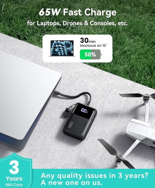 INIU Kragbank, 20000mAh 65W Ultra-Kompakte USB C Skootrekenaar Draagbare Laaier, PD QC Vinnige Laai 3-Uitset Eksterne Battery Pak vir Skootrekenaar MacBook iPad Tablet Steam Deck iPhone 16 15 14 Pro Samsung S22