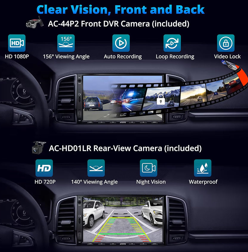 7" Dubbel-din-motorstereo met trurukamera en DVR-dashcam, draadlose CarPlay en Android Auto, WiFi/Bluetooth/USB-verbinding, DSP/FM/AM/SWC-raakskerm