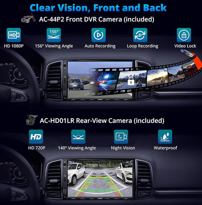 7" Dubbel-din-motorstereo met trurukamera en DVR-dashcam, draadlose CarPlay en Android Auto, WiFi/Bluetooth/USB-verbinding, DSP/FM/AM/SWC-raakskerm