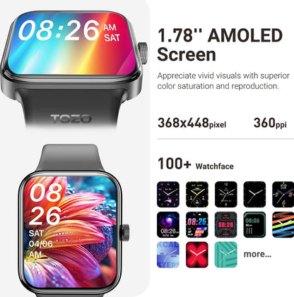 S4 One Smart Watch 1.78" Ultra-Clear Screen Call/Answer Fitness Tracker, Sleep Monitor IP68 Waterproof for iOS 11.0+ Android 9.0+ (Black)