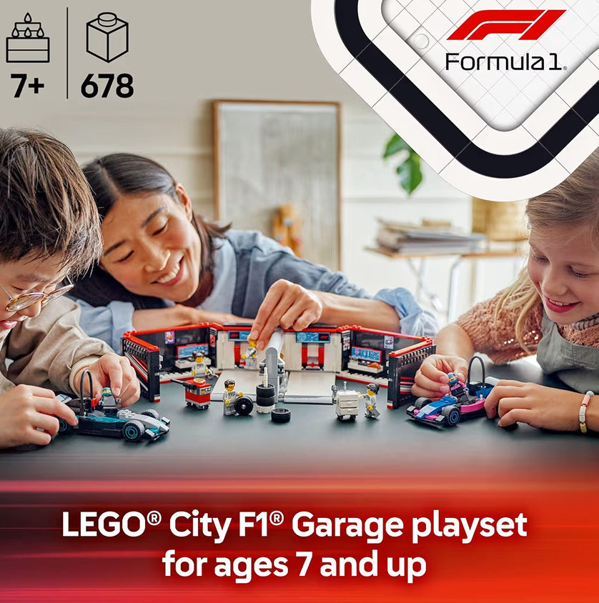 LEGO City F1 Motorhuis & Mercedes-AMG & Alpine Motorspeelgoed - Modelrenmotorbouwspeelgoed en Draagbare Speelstel F1-Versamelstuk - 60444