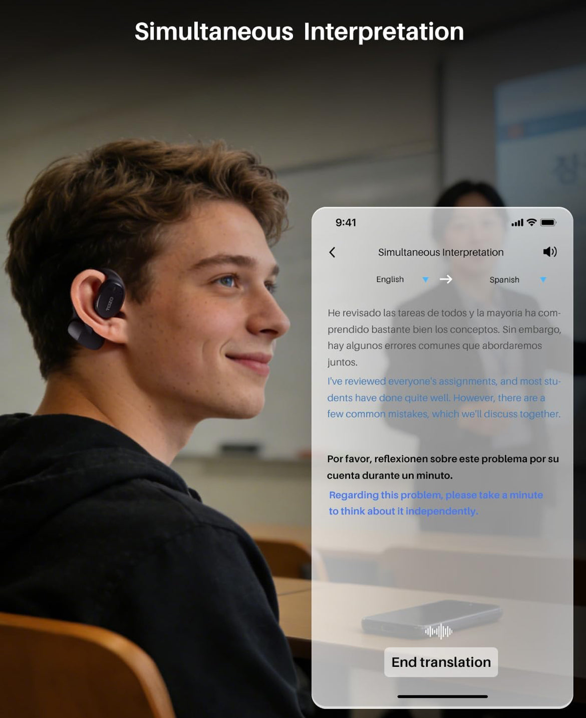 Open Ear Earbuds Bluetooth, AI Translation w/ Real-Time 100+ Languages Translation - Black