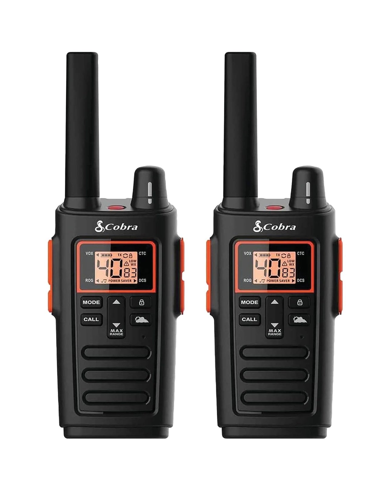 Cobra RX380 Walkie Talkies (2-pak) – Weerbestande tweerigtingradio's met lang reikafstand, 40 voorafgeprogrammeerde kanale, weerkennisgewings, LED-flitslig, langdurige NiMH-batterye (swart)