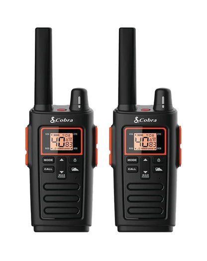 Cobra RX380 Walkie Talkies (2-pak) – Weerbestande tweerigtingradio's met lang reikafstand, 40 voorafgeprogrammeerde kanale, weerkennisgewings, LED-flitslig, langdurige NiMH-batterye (swart)