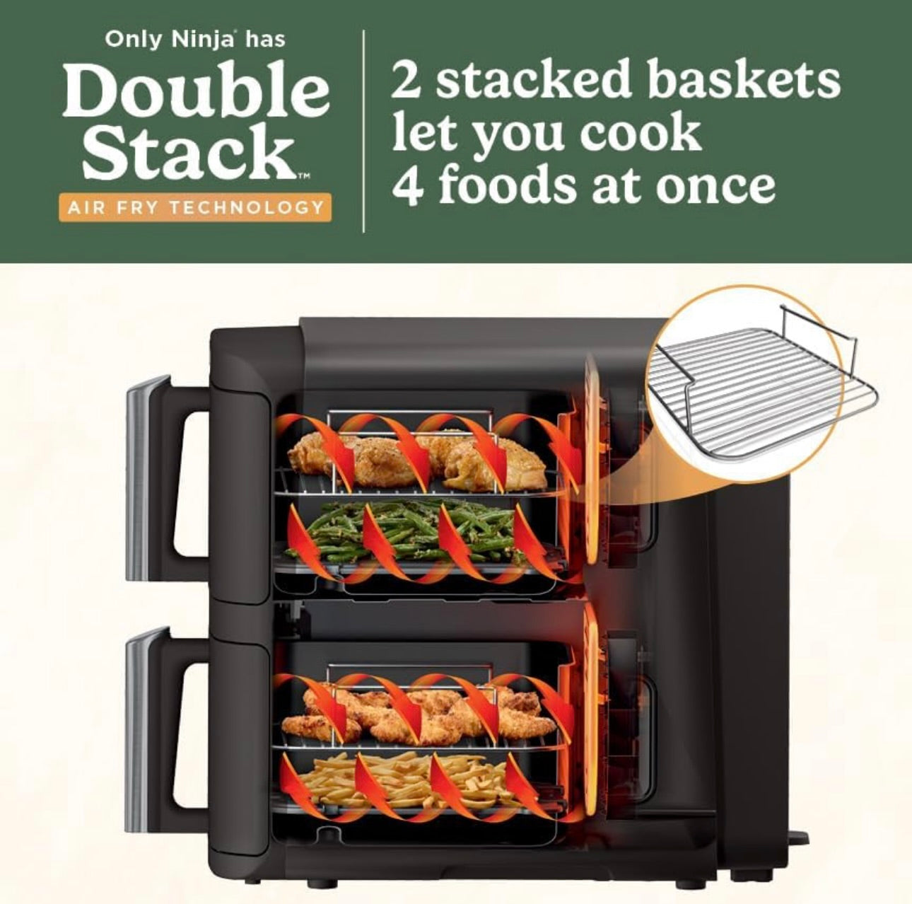 Ninja Air Fryer, 8 QT DoubleStack 2-Basket, Space Saving Design, Cooks 2lb Chicken Wings, Feeds up to 6 People, 6-in1 Air Fryer, Roast, Bake & More, Easy to Clean, Dishwasher Safe Parts, Black, SL201