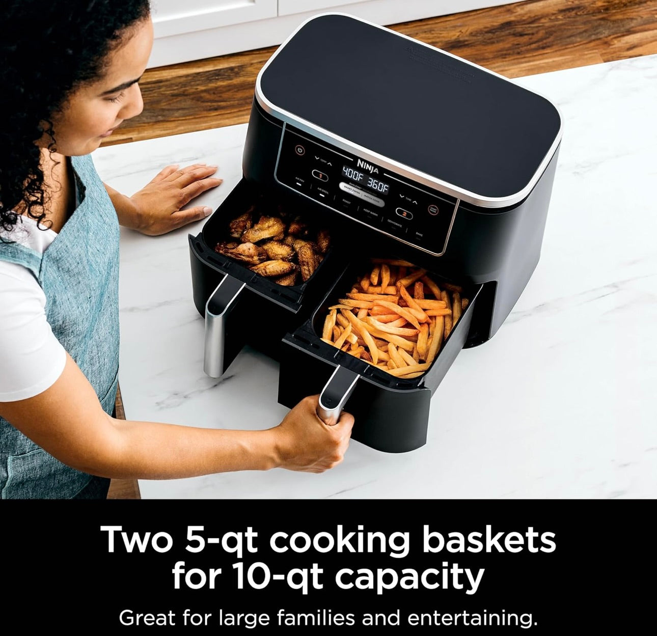 Ninja Air Fryer Finish Cooking Multiple Foods at the Same Time 6-in-1  (Air Fry, Broil, Roast, Keep Warm, Dehydrate, Bake) - 5 QT Baskets (DZ302)