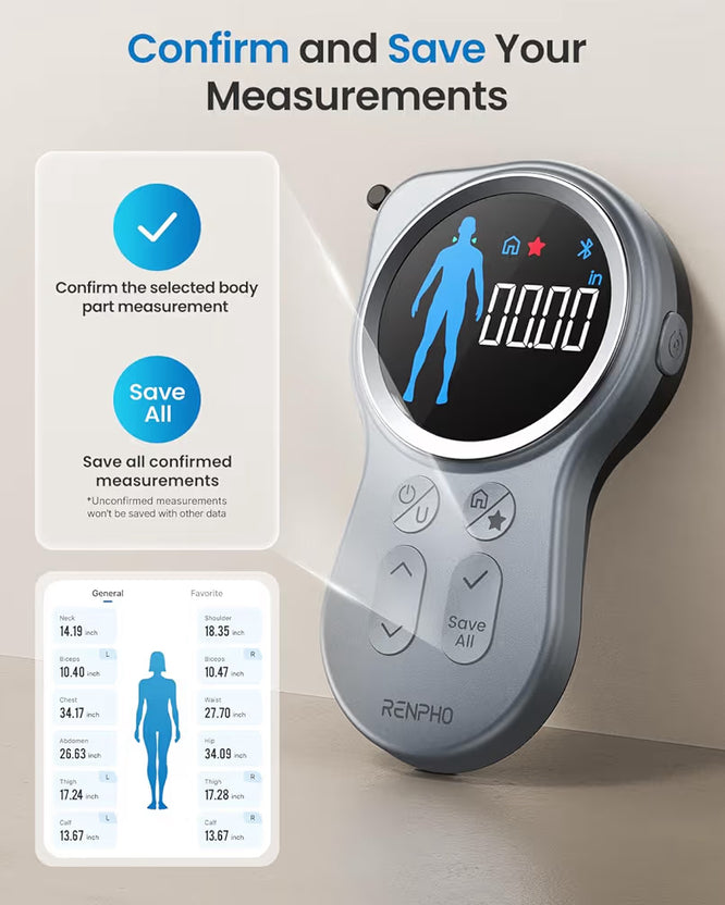 Smart Tape Measure w/ Large Display, Bluetooth Body Measuring with App for Weight Loss, Fitness Shape
