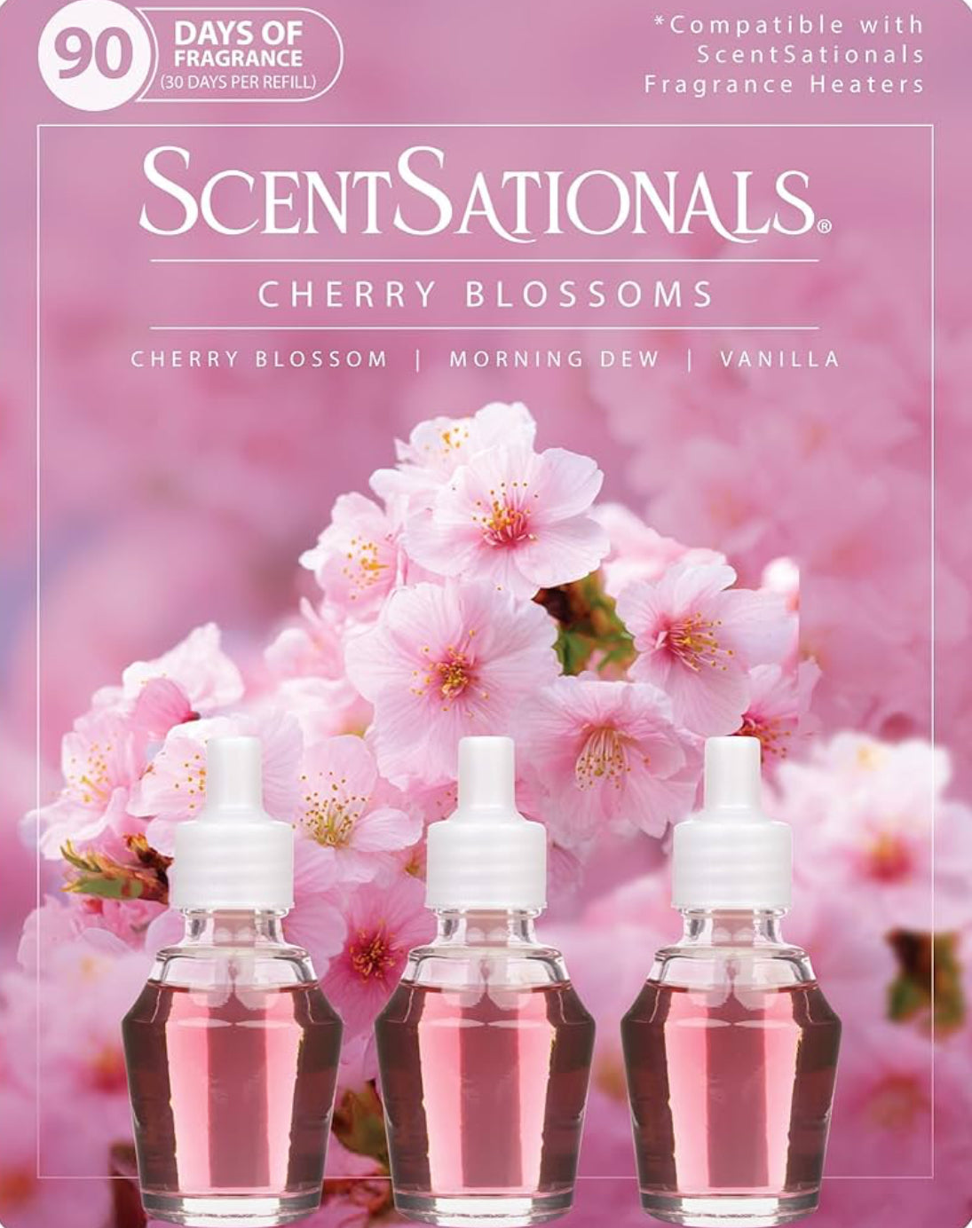 ScentSationals Cherry Blossoms Fragrance Oil Plug In Air Freshener Refills 3-Pack - Works w/ Scentsationals Wall Plugs - Packaging May Vary