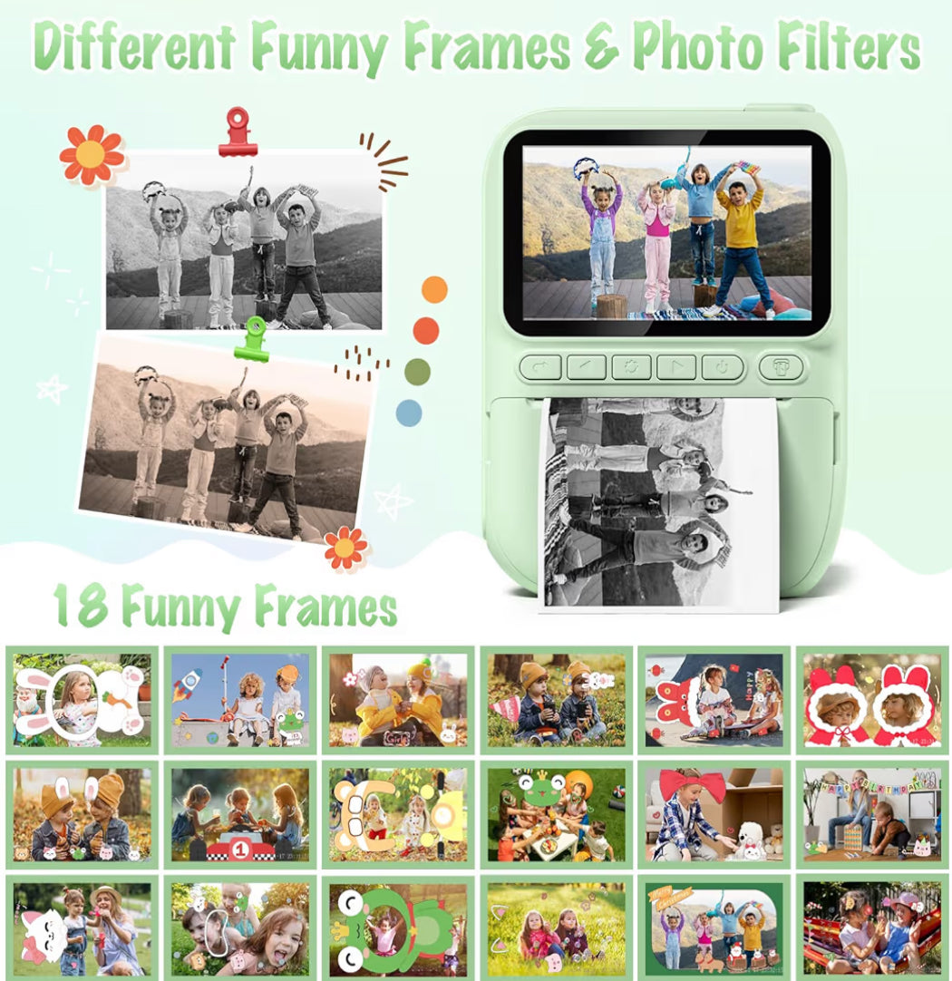 Kitsdruk-kamera 3.0" HD 32MP Kinders 1080P m/ 3 Rolletjies Drukkerpapier 32GB SD Kaart (Groen)