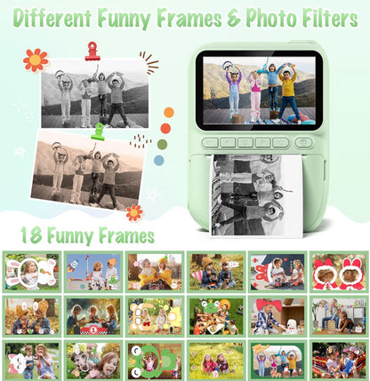 Kitsdruk-kamera 3.0" HD 32MP Kinders 1080P m/ 3 Rolletjies Drukkerpapier 32GB SD Kaart (Groen)