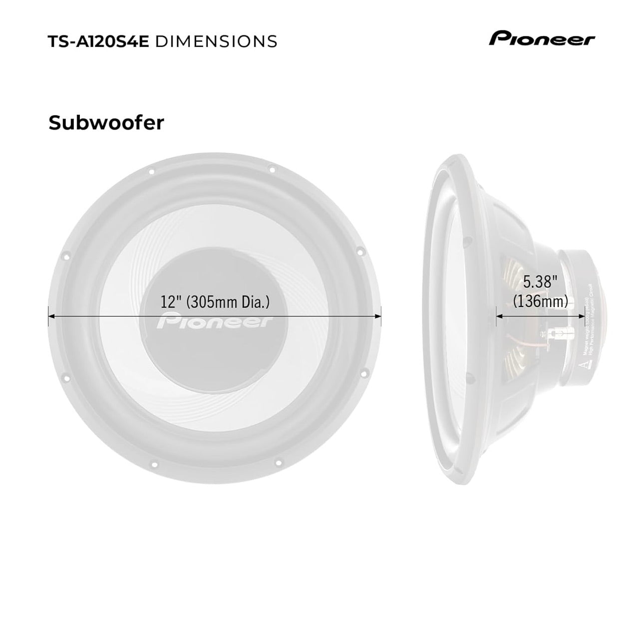 Pioneer TS-A120S4E – Kragtige 12 duim Subwoofer, 1400 Watt Piekvermoë, Enkele 4 Ohm Spreekspoel vir Diep Bas