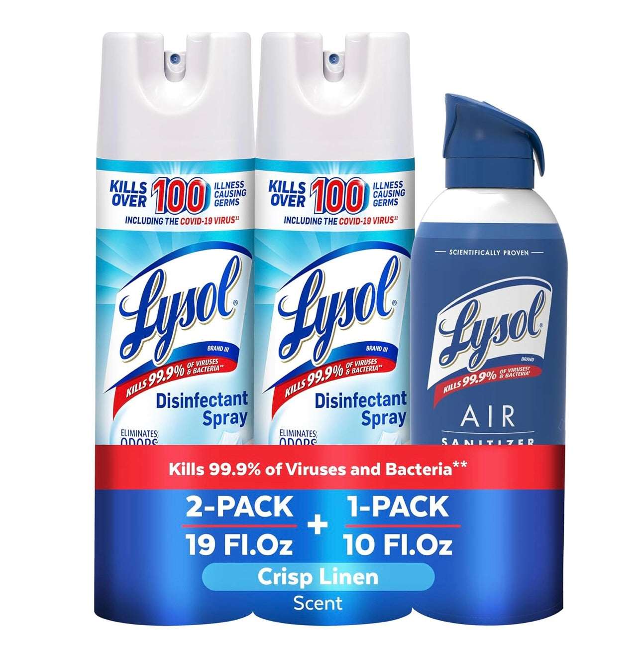 Lysol-pak met x2 Lysol Ontsmettingssproei vir Harde en Sagte Oppervlakke, Crisp Linen, 19 Fl. Oz + Lysol Lugontsmettingssproei, vir Lugontsmetting en Reukverwydering, White Linen, 10 Fl. Oz