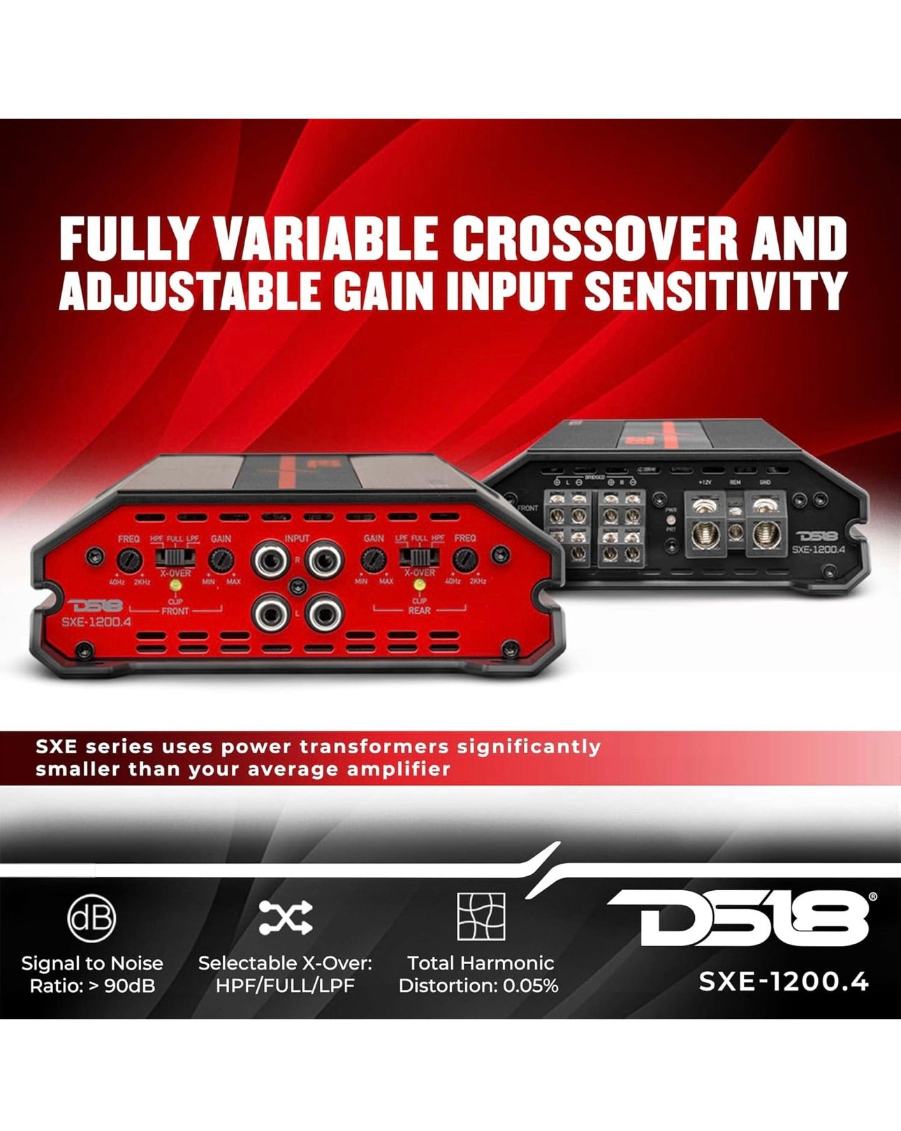 DS18 SXE-1200.4/RD Car Amplifier Stereo Full-Range Class A/B 4-Channel @4 OHM 1200 Watts - Powerful and Compact Amp  - NEW